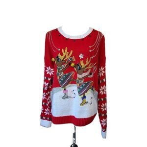 Ugly Christmas Sweater L 12/14 Ice Skating Reindeer Sequins Tacky Holiday Party